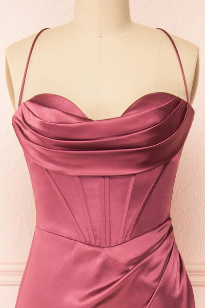 Kesha Mauve Corset Cowl Neck Maxi Dress | Boutique 1861 front close-up