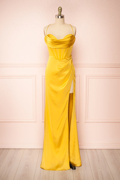 Kesha Yellow Corset Cowl Neck Maxi Dress | Boutique 1861 front view