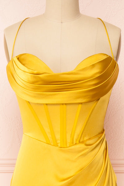 Kesha Yellow Corset Cowl Neck Maxi Dress | Boutique 1861 front close-up