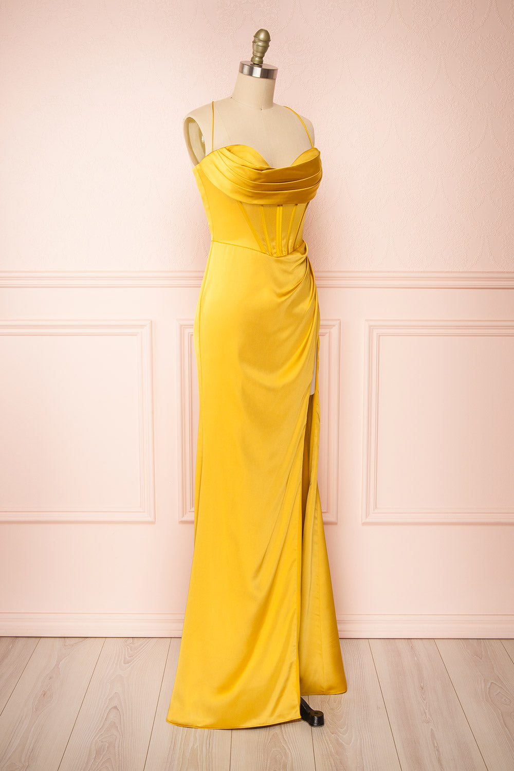 Kesha Yellow Corset Cowl Neck Maxi Dress