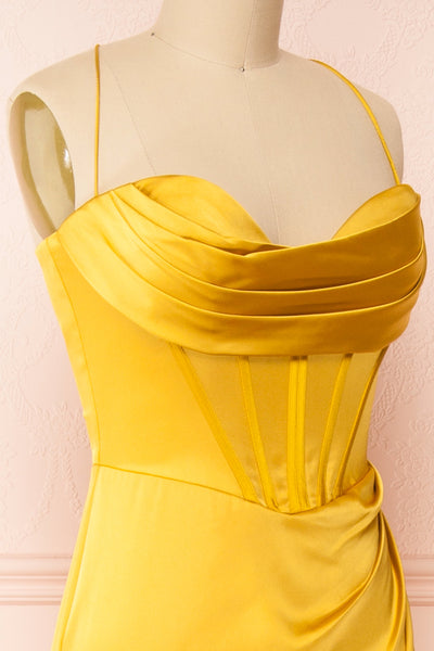 Kesha Yellow Corset Cowl Neck Maxi Dress | Boutique 1861 side close-up