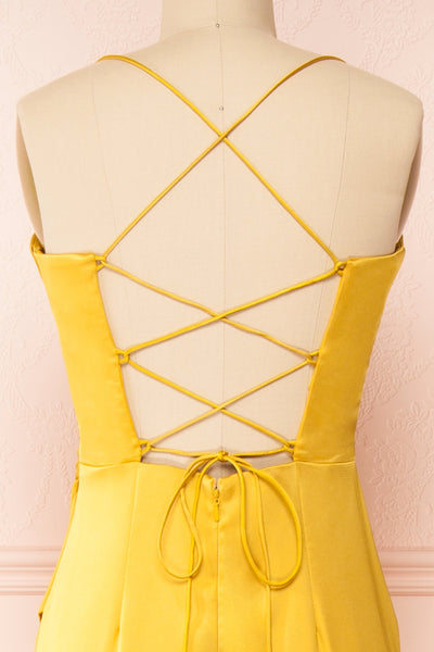 Kesha Yellow Corset Cowl Neck Maxi Dress | Boutique 1861 back close-up