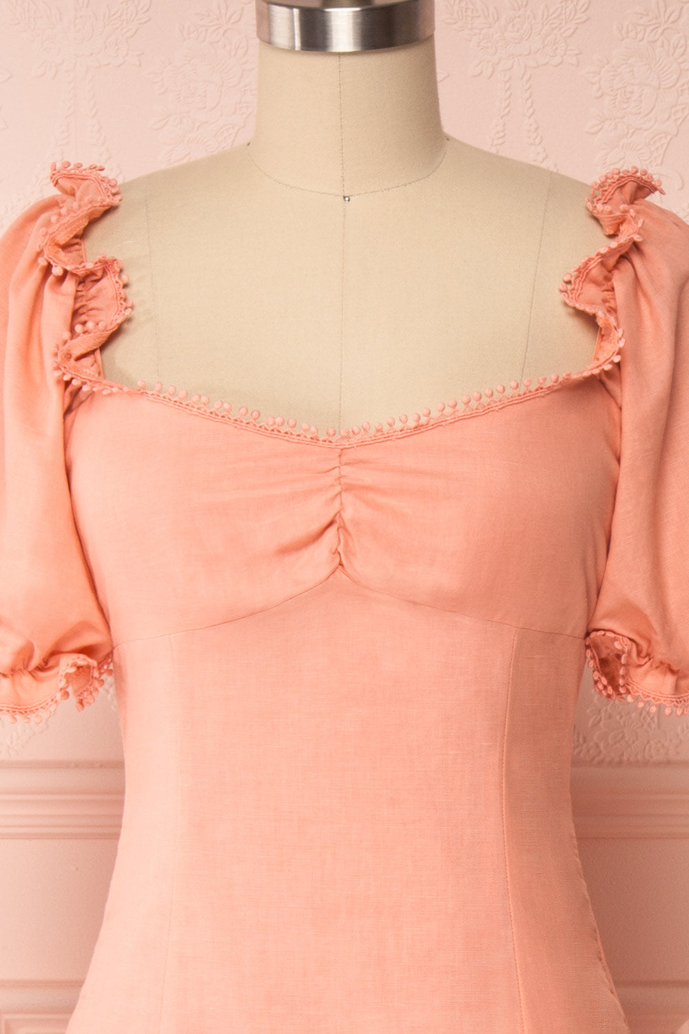 Ketayap Coral Pink Midi Dress w/ Puffy Sleeves | Boutique 1861 front close up