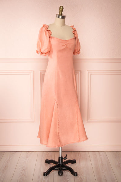 Ketayap Coral Pink Midi Dress w/ Puffy Sleeves | Boutique 1861 side view