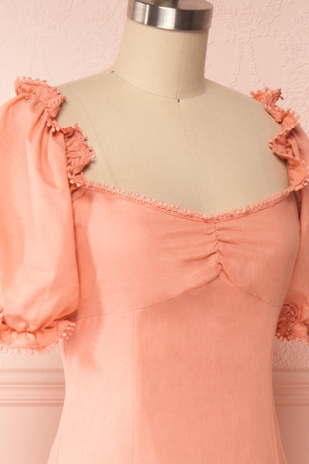 Ketayap Coral Pink Midi Dress w/ Puffy Sleeves | Boutique 1861 side close up