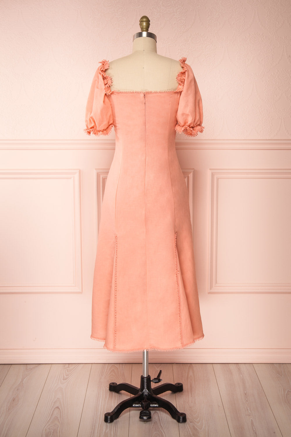 Ketayap Coral Pink Midi Dress w/ Puffy Sleeves | Boutique 1861 back view