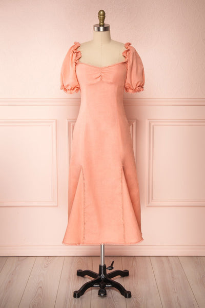 Ketayap Coral Pink Midi Dress w/ Puffy Sleeves | Boutique 1861 front view