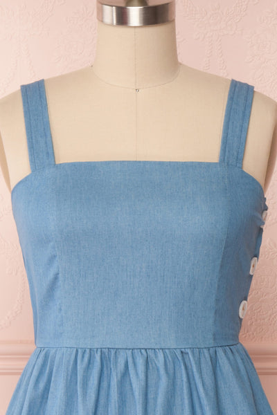 Ketilbjorg Blue Denim Midi Dress w/ Buttons | La petite garçonne front close up