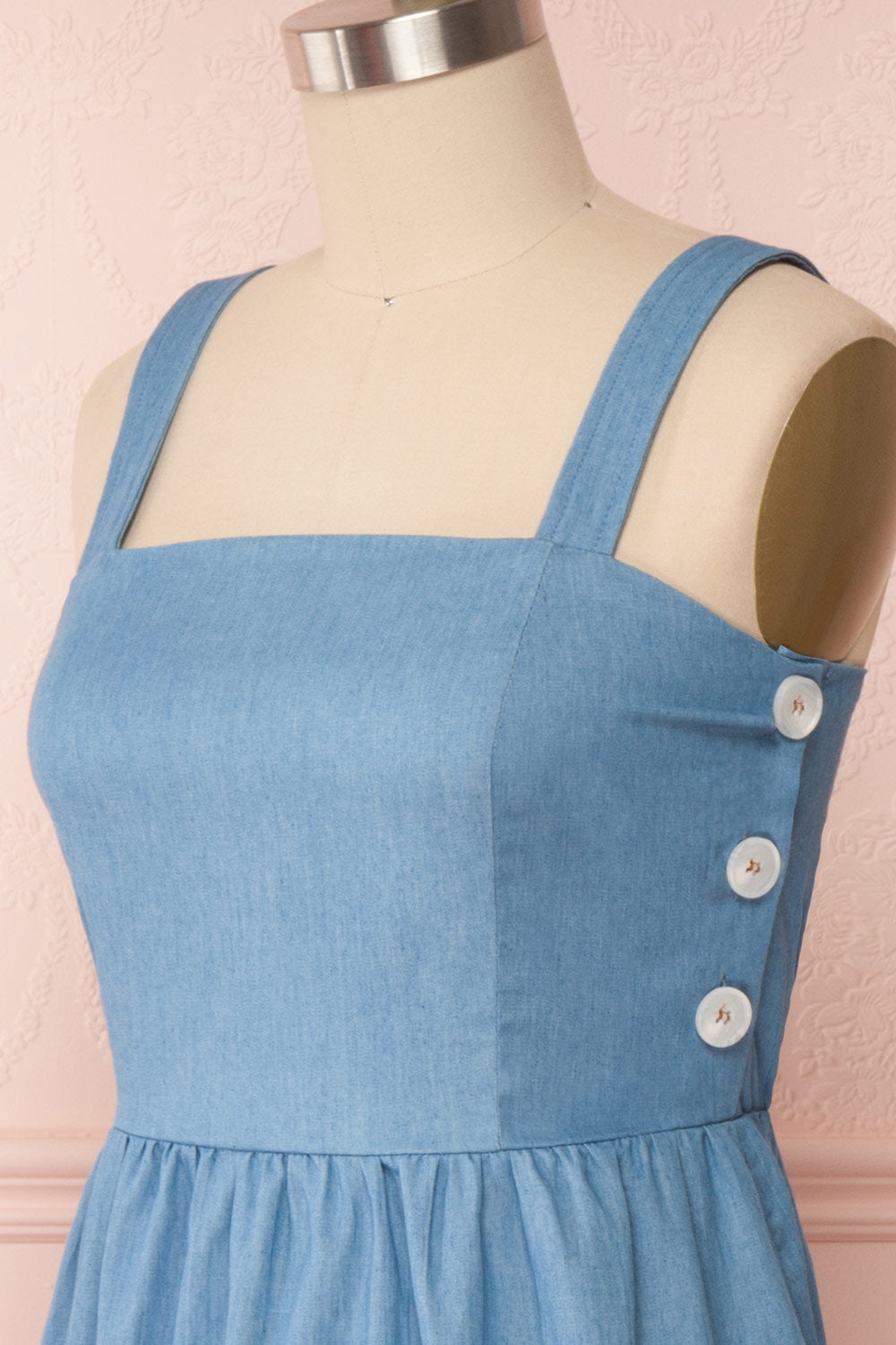 Ketilbjorg Blue Denim Midi Dress w/ Buttons | La petite garçonne side button close up