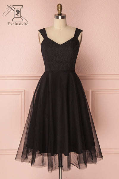 Ketty Dark Black V-Neck Tulle A-Line Dress | Boutique 1861