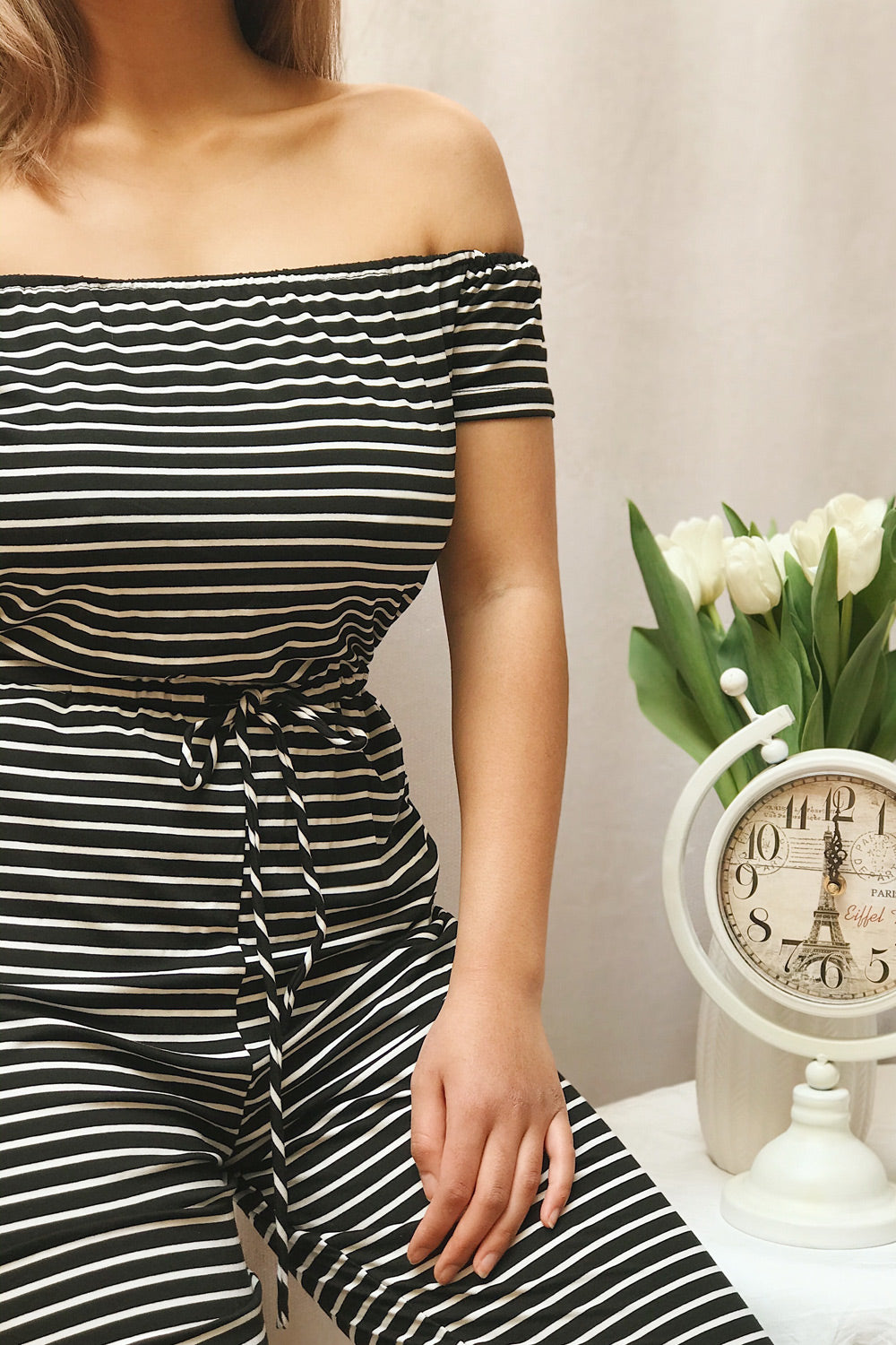 Khory White Striped Short Sleeve Jumpsuit | La petite garçonne model