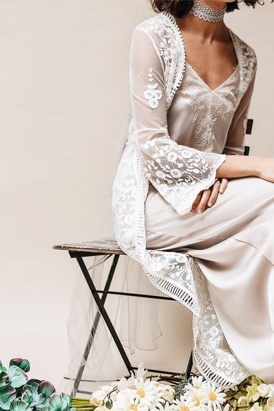 Lovis White Mesh & Lace Long Sleeved Maxi Kimono | Boudoir 1861 2
