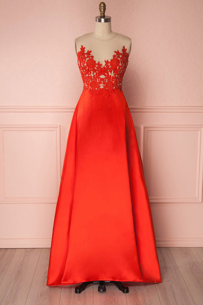 Kiyane Red Silky A-Line Maxi Prom Dress front view | Boutique 1861