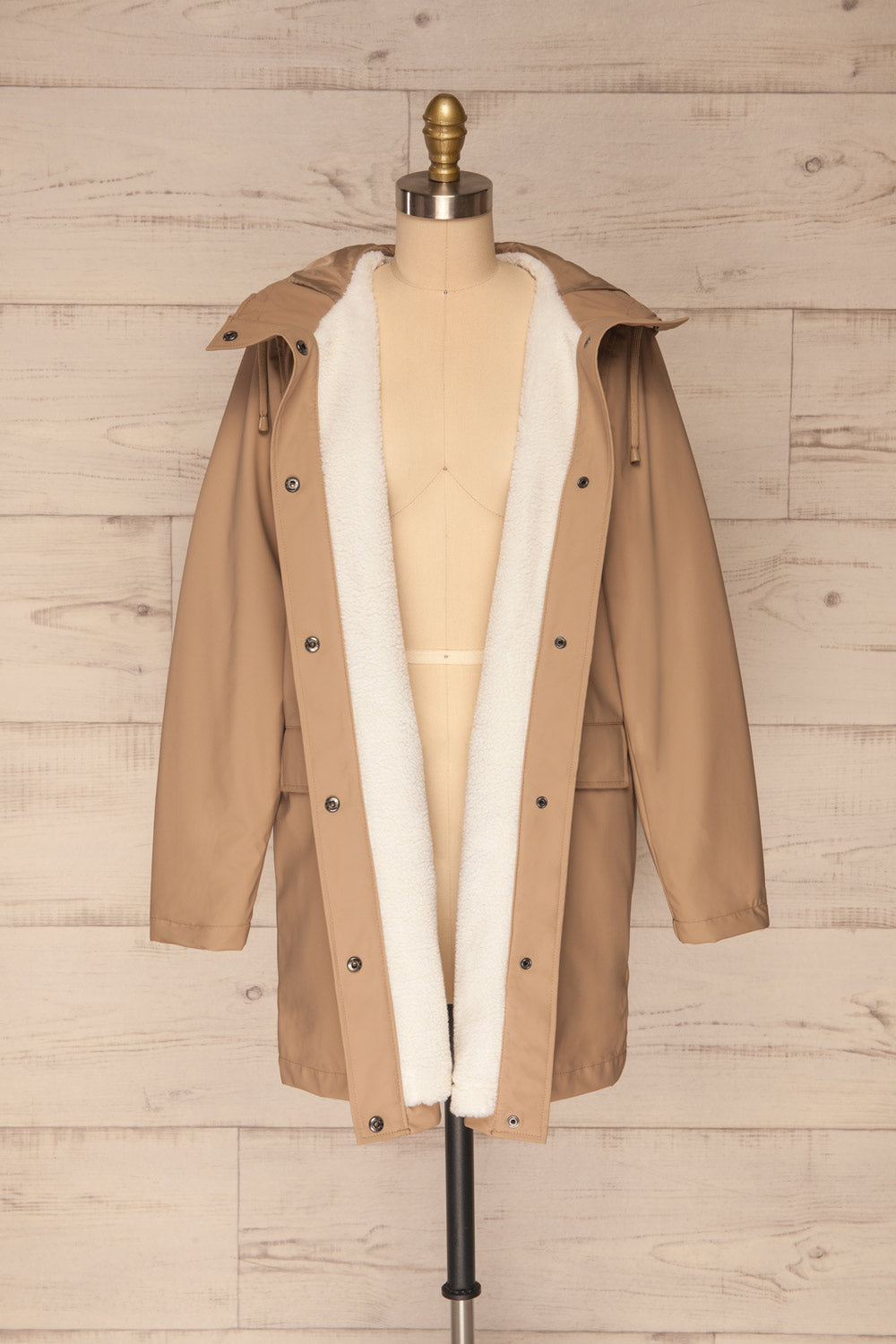 Klodzko Beige Wide Hooded Rain Coat | La petite garçonne front view unzip