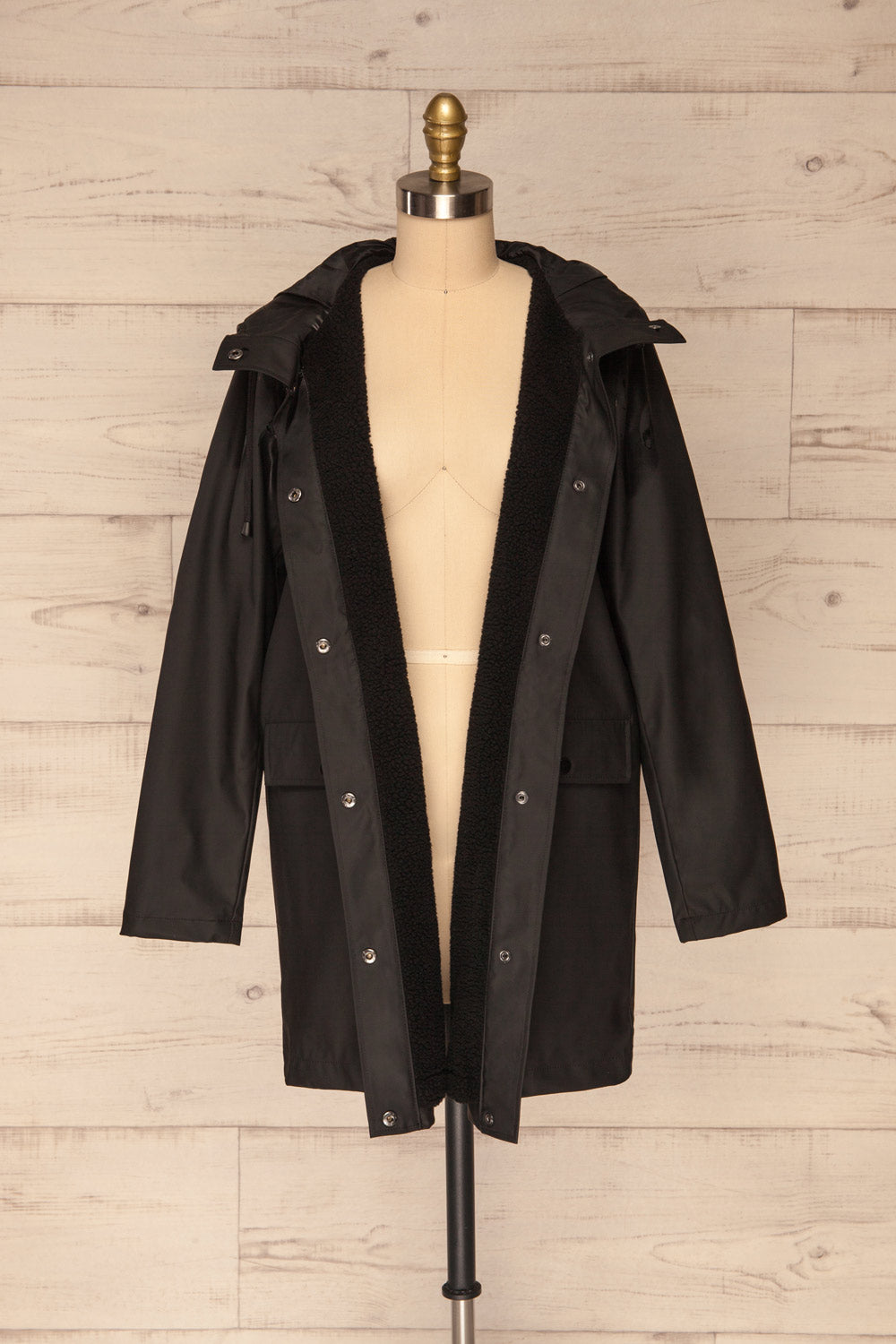 Klodzko Black Wide Hooded Rain Coat | La petite garçonne front view unzip