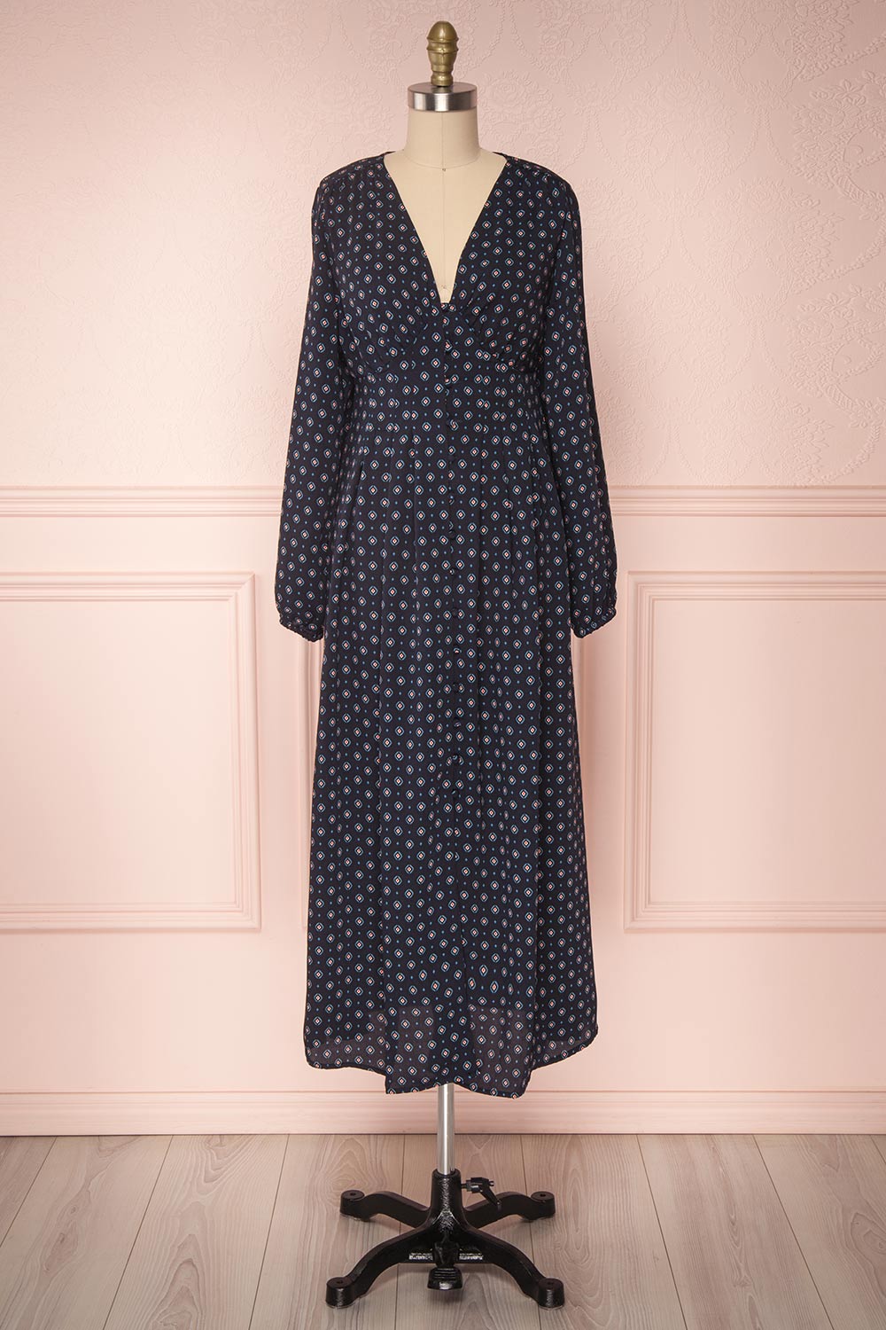 Koko Navy Patterned Button-Up A-Line Maxi Dress | Boutique 1861