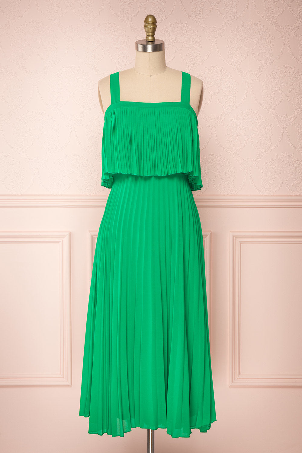 Konani Green Chiffon Pleated Midi Dress | Boutique 1861