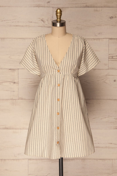 Kostrena Cream & Blue Striped Short A-Line Dress | La Petite Garçonne
