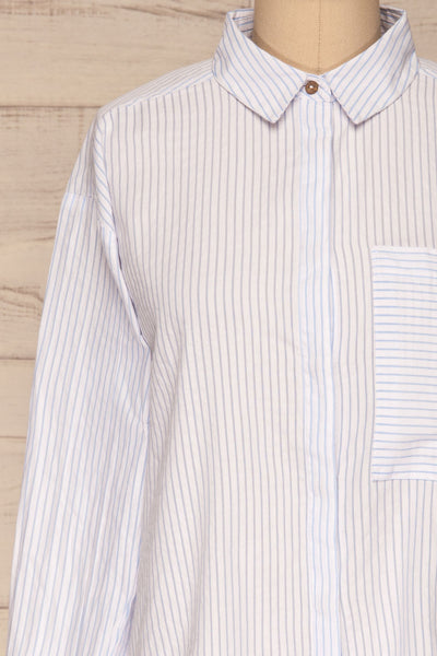 Kouvola Bleu Striped Shirt | Chemisier | La Petite Garçonne front close-up
