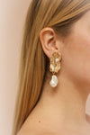 Krakow Gold Shell & Pearl Pendant Earrings | La Petite Garçonne on model right ear
