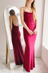 Kristen Burgundy Fitted Maxi Dress w/ Cowl Neck | Boutique 1861 on model