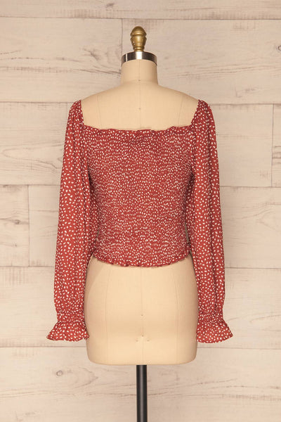 Krobia Rust Red Ruched Crop Top with Puff Sleeves | La Petite Garçonne back view