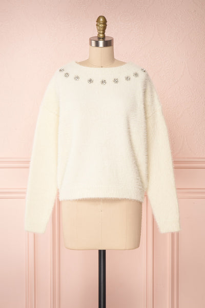 Krystiyan White Fluffy Knit Sweater with Crystals | Boutique 1861 front view
