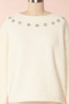 Krystiyan White Fluffy Knit Sweater with Crystals | Boutique 1861 front close-up