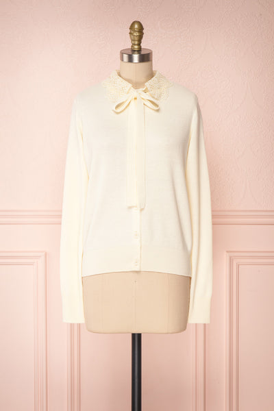 Kuzma Cream Knit Button-Up Cardigan with Lace | Boutique 1861 front view