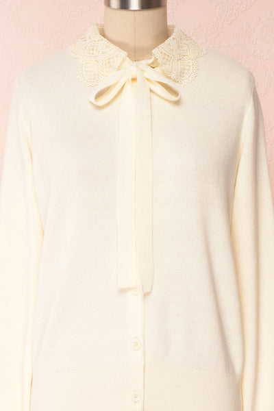 Kuzma Cream Knit Button-Up Cardigan with Lace | Boutique 1861 front close-up