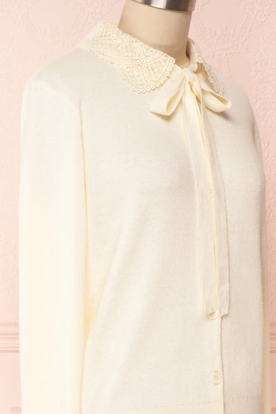 Kuzma Cream Knit Button-Up Cardigan with Lace | Boutique 1861 side close-up