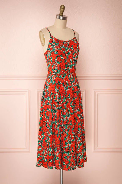 Kyriake Red Floral A-Line Midi Summer Dress side view | Boutique 1861