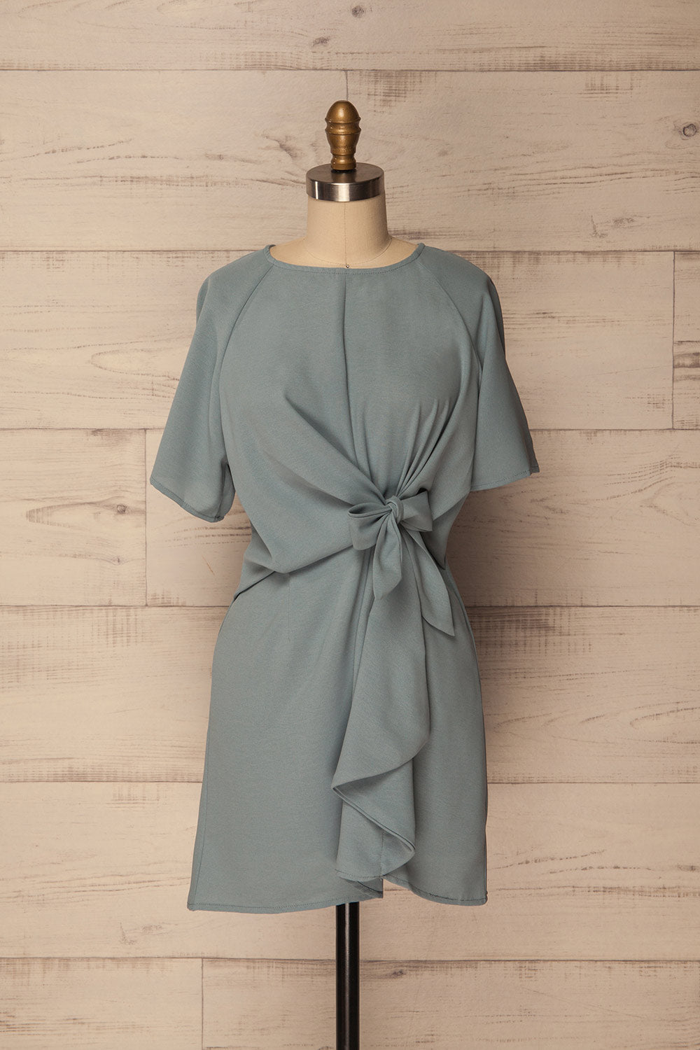 Lakkion Short Blue Grey Flared Dress with Tie | La Petite Garçonne