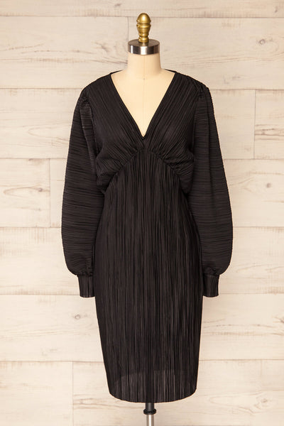 Lamia Black Long Sleeve V-Neck Midi Dress | La petite garçonne front view