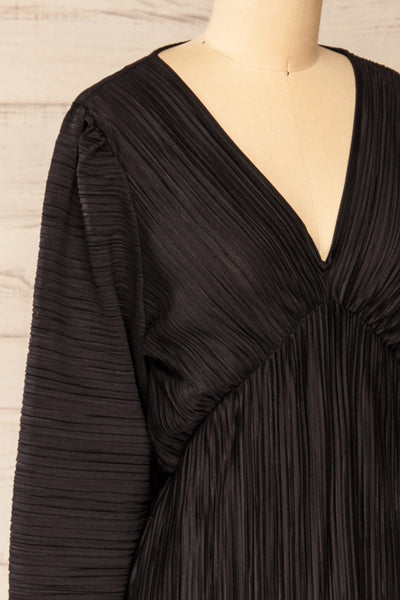 Lamia Black Long Sleeve V-Neck Midi Dress | La petite garçonne side close-up