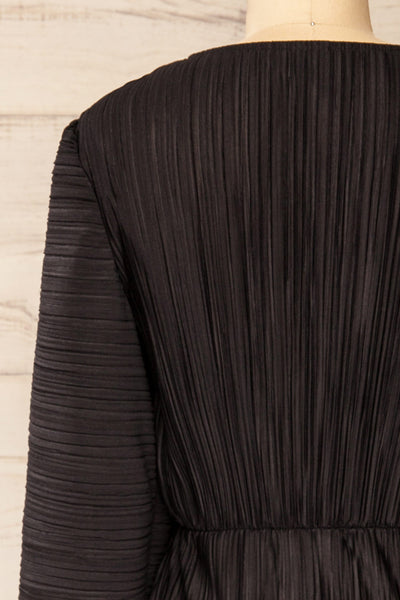 Lamia Black Long Sleeve V-Neck Midi Dress | La petite garçonne back close-up