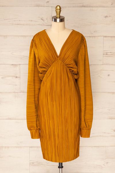 Lamia Mustard Long Sleeve V-Neck Midi Dress | La petite garçonne front view