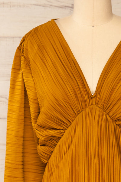 Lamia Mustard Long Sleeve V-Neck Midi Dress | La petite garçonne front close-up