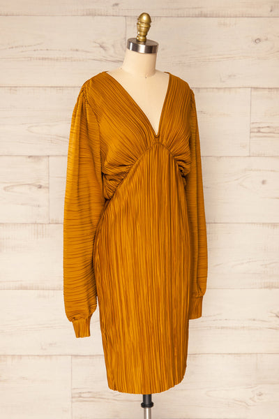 Lamia Mustard Long Sleeve V-Neck Midi Dress | La petite garçonne side view