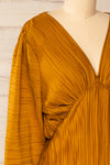 Lamia Mustard Long Sleeve V-Neck Midi Dress | La petite garçonne side close-up