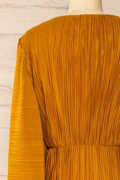 Lamia Mustard Long Sleeve V-Neck Midi Dress | La petite garçonne back close-up