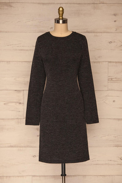 Lancut Grey Vertical Lines Short Dress | La petite garçonne  front view