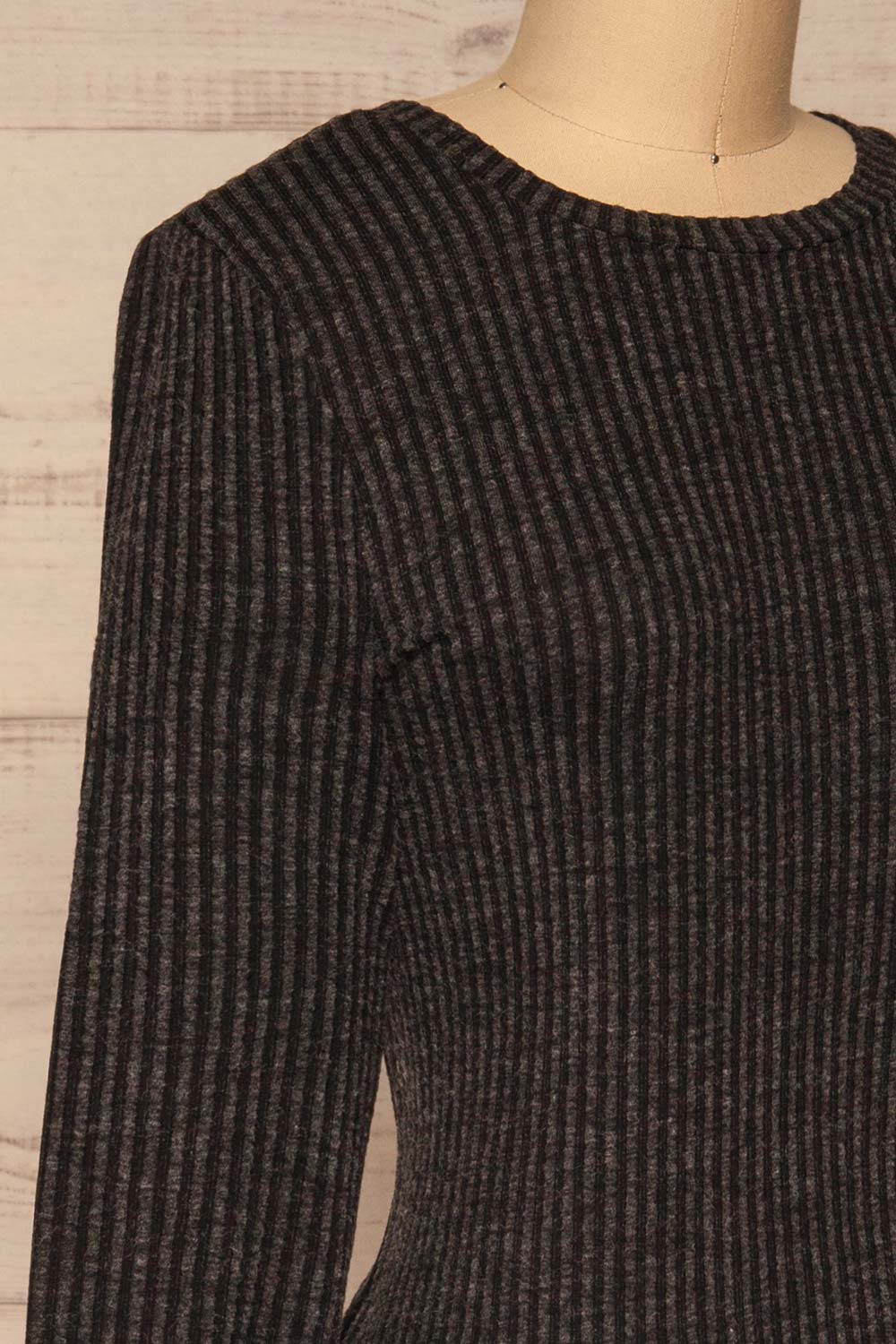 Lancut Grey Vertical Lines Short Dress | La petite garçonne  side close-up