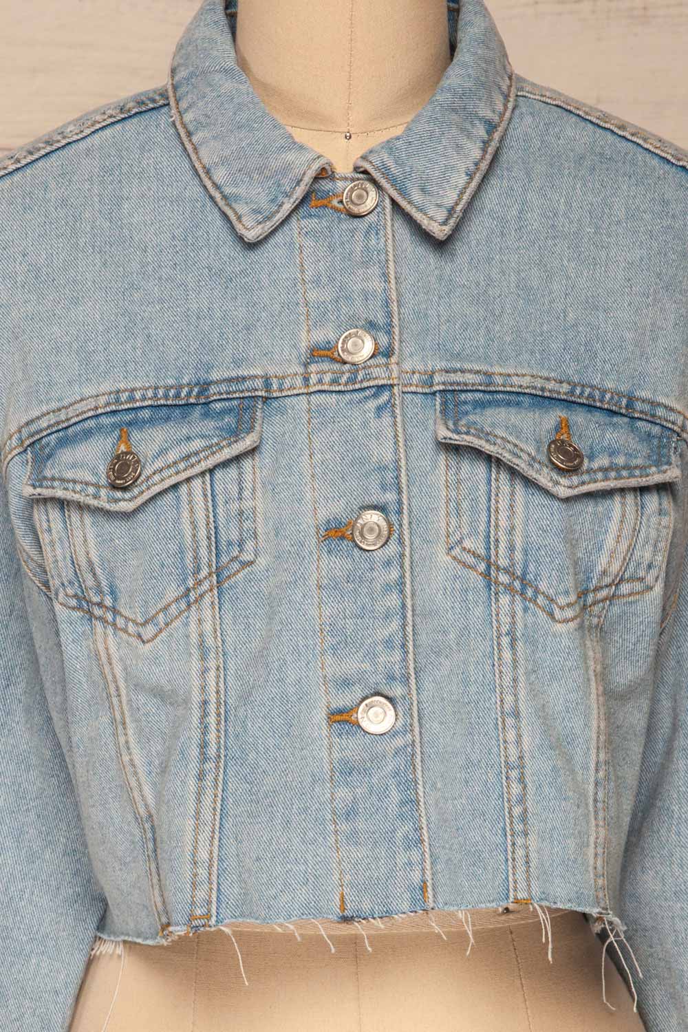 Lariano Crop Jean Jacket | Veston Denim | La Petite Garçonne front close-up