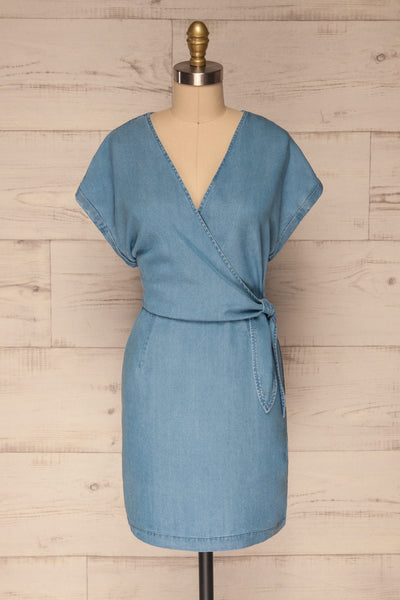 Larino Blue Short Sleeve Faux-Wrap Dress | La petite garçonne front view