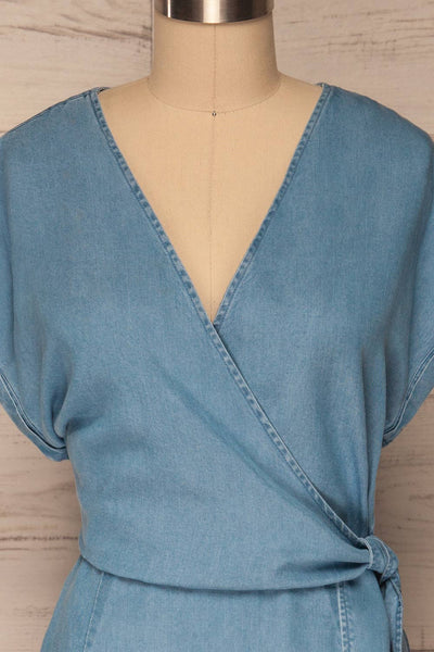 Larino Blue Short Sleeve Faux-Wrap Dress | La petite garçonne front close up