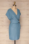 Larino Blue Short Sleeve Faux-Wrap Dress | La petite garçonne side view