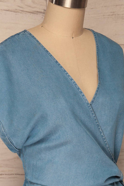 Larino Blue Short Sleeve Faux-Wrap Dress | La petite garçonne side close up