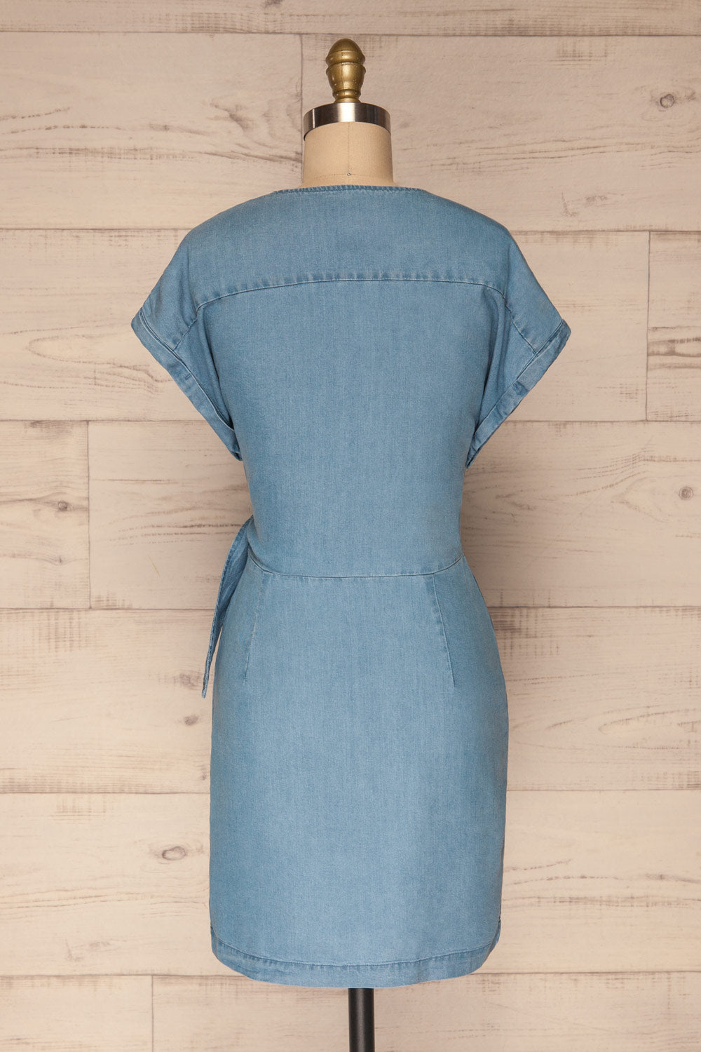 Larino Blue Short Sleeve Faux-Wrap Dress | La petite garçonne back view