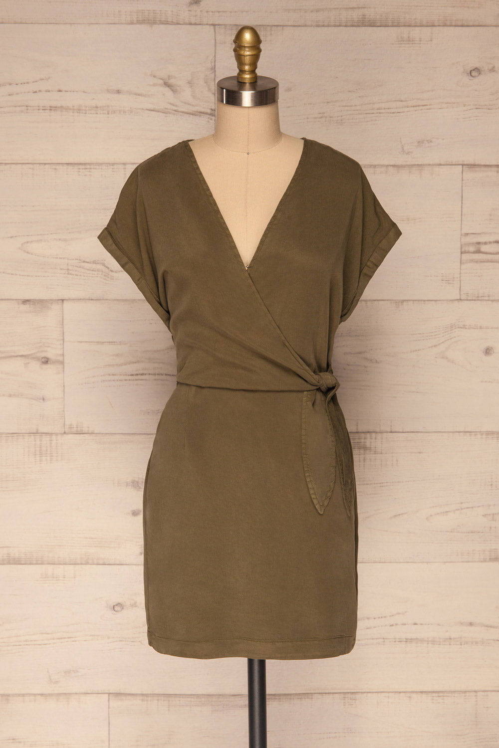 Larino Khaki Short Sleeve Faux-Wrap Dress | La petite garçonne front view